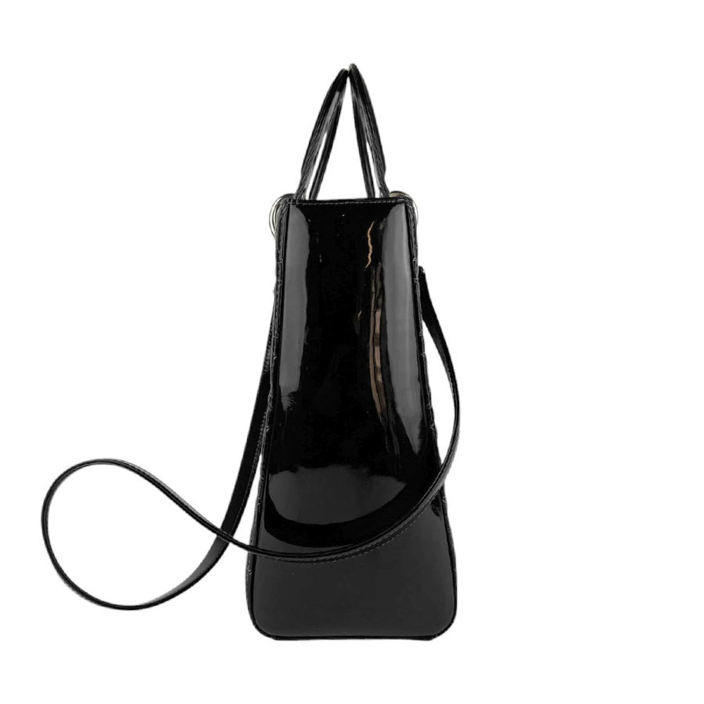 Dior Bag Lady Shoulder black enamel silver Christian 2way Black Silver